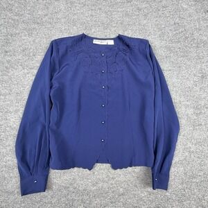 Christine Gerard Blouse Womens 16 Blue Embroidered Button Front Long Sleeve